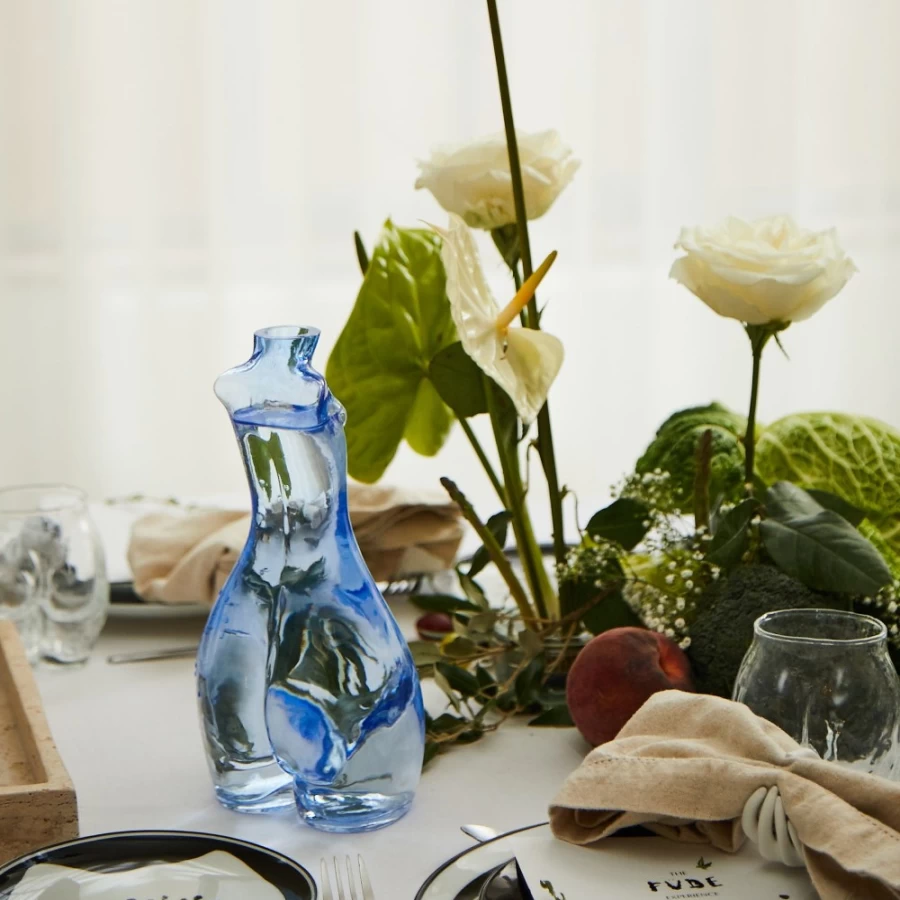 Anissa Kermiche Cerulean Blue Glass Carafe - Elegant Decanter for Wine & Water