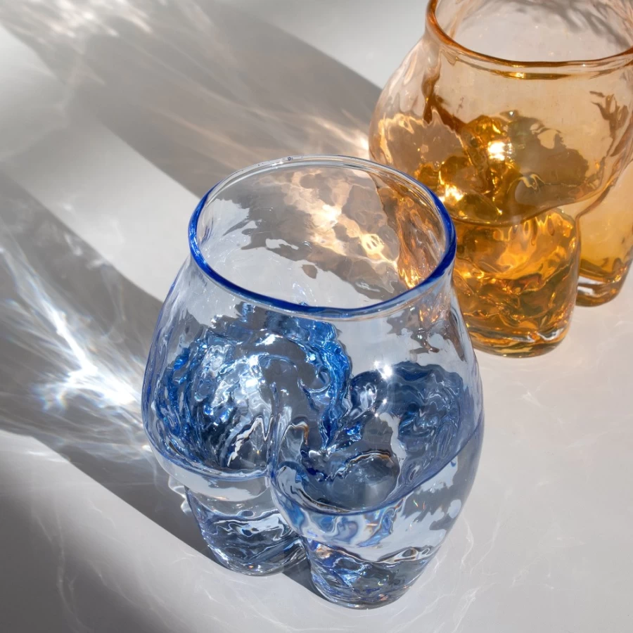 Anissa Kermiche Popotin Glass Set - Cerulean Blue Art Deco Drinking Glasses, Pair